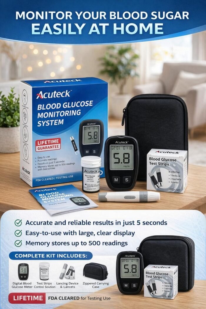 AcuTeck Instants Blood Glucose Monitor digital meter, Diabetes Test Machine, Blood Sugar Check With Free 10 Strips, 10 Lancets, 1 Pen, 1 Bag & 1 Battery - Image 2